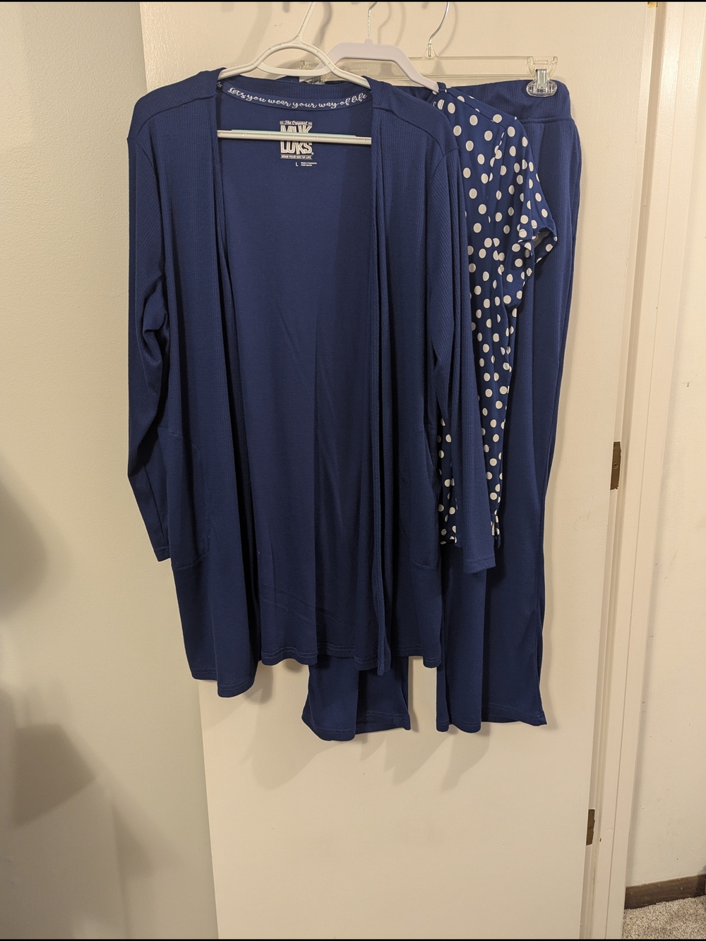 Navy Ribbed And Cloud Knit Three Piece Lounge Set with Polka Dot Top